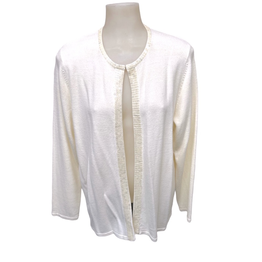 DESIGNERS ORIGINALS Sweater Cardigan Open Split Cream Shimmer Trim Size M